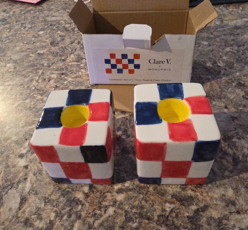 CLARE V X MONO PRIX Ceramic Candlestick Set White Blue Red Check Square Cube NEW